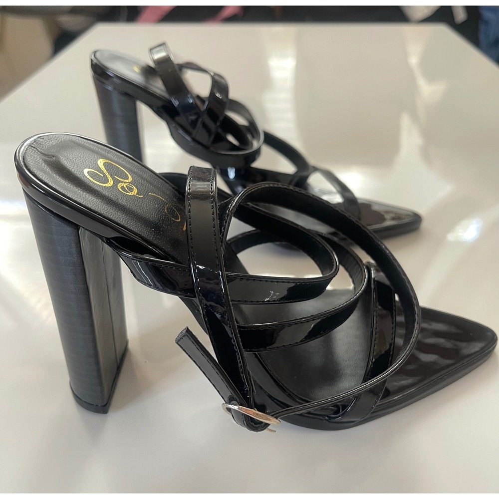 So Me Black Patent Multi Strap Pointed Toe Block Heel Sandals Womens